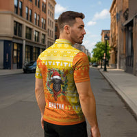 Bhutan Christmas Zipper Polo Shirt with Takin Reindeer Antlers Santa Hat and Yellow Orange Holiday Pattern - Wonder Print Shop