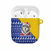 Bosnia and Herzegovina Christmas AirPods Case with Husky Dog Santa Hat and Blue Yellow Snowflake Pattern - Wonder Print Shop