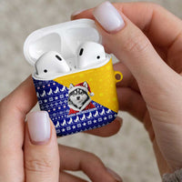 Bosnia and Herzegovina Christmas AirPods Case with Husky Dog Santa Hat and Blue Yellow Snowflake Pattern - Wonder Print Shop