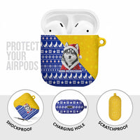 Bosnia and Herzegovina Christmas AirPods Case with Husky Dog Santa Hat and Blue Yellow Snowflake Pattern - Wonder Print Shop