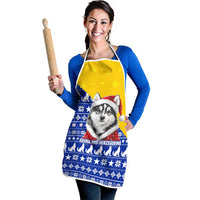Bosnia and Herzegovina Christmas Apron with Husky Dog Santa Hat and Blue Yellow Snowflake Pattern - Wonder Print Shop