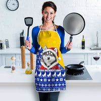 Bosnia and Herzegovina Christmas Apron with Husky Dog Santa Hat and Blue Yellow Snowflake Pattern - Wonder Print Shop