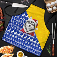 Bosnia and Herzegovina Christmas Apron with Husky Dog Santa Hat and Blue Yellow Snowflake Pattern - Wonder Print Shop