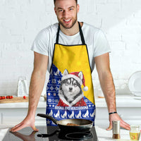 Bosnia and Herzegovina Christmas Apron with Husky Dog Santa Hat and Blue Yellow Snowflake Pattern - Wonder Print Shop