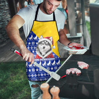 Bosnia and Herzegovina Christmas Apron with Husky Dog Santa Hat and Blue Yellow Snowflake Pattern - Wonder Print Shop