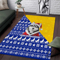 Bosnia and Herzegovina Christmas Area Rug with Husky Dog Santa Hat and Blue Yellow Snowflake Pattern - Wonder Print Shop
