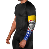 Bosnia and Herzegovina Christmas Arm Sleeves with Husky Dog Santa Hat and Blue Yellow Snowflake Pattern - Wonder Print Shop