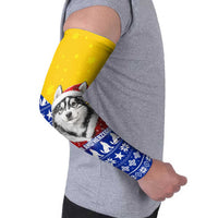 Bosnia and Herzegovina Christmas Arm Sleeves with Husky Dog Santa Hat and Blue Yellow Snowflake Pattern - Wonder Print Shop
