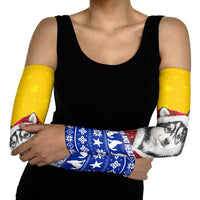 Bosnia and Herzegovina Christmas Arm Sleeves with Husky Dog Santa Hat and Blue Yellow Snowflake Pattern - Wonder Print Shop