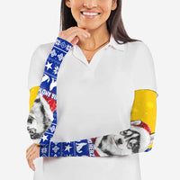 Bosnia and Herzegovina Christmas Arm Sleeves with Husky Dog Santa Hat and Blue Yellow Snowflake Pattern - Wonder Print Shop