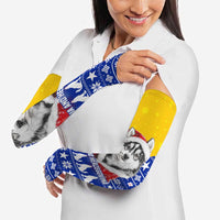 Bosnia and Herzegovina Christmas Arm Sleeves with Husky Dog Santa Hat and Blue Yellow Snowflake Pattern - Wonder Print Shop
