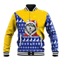 Bosnia and Herzegovina Christmas Baseball Jacket with Husky Dog Santa Hat and Blue Yellow Snowflake Pattern - Wonder Print Shop