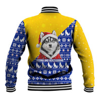 Bosnia and Herzegovina Christmas Baseball Jacket with Husky Dog Santa Hat and Blue Yellow Snowflake Pattern - Wonder Print Shop