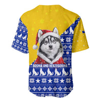 Bosnia and Herzegovina Christmas Baseball Jersey with Husky Dog Santa Hat and Blue Yellow Snowflake Pattern - Wonder Print Shop