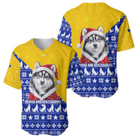 Bosnia and Herzegovina Christmas Baseball Jersey with Husky Dog Santa Hat and Blue Yellow Snowflake Pattern - Wonder Print Shop