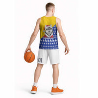 Bosnia and Herzegovina Christmas Basketball Jersey with Husky Dog Santa Hat and Blue Yellow Snowflake Pattern - Wonder Print Shop