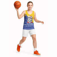 Bosnia and Herzegovina Christmas Basketball Jersey with Husky Dog Santa Hat and Blue Yellow Snowflake Pattern - Wonder Print Shop