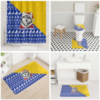 Bosnia and Herzegovina Christmas Bathroom Set with Husky Dog Santa Hat and Blue Yellow Snowflake Pattern - Wonder Print Shop
