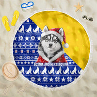 Bosnia and Herzegovina Christmas Beach Blanket with Husky Dog Santa Hat and Blue Yellow Snowflake Pattern - Wonder Print Shop