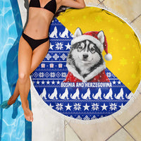 Bosnia and Herzegovina Christmas Beach Blanket with Husky Dog Santa Hat and Blue Yellow Snowflake Pattern - Wonder Print Shop