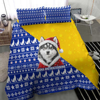 Bosnia and Herzegovina Christmas Bedding Set with Husky Dog Santa Hat and Blue Yellow Snowflake Pattern - Wonder Print Shop