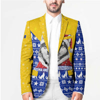 Bosnia and Herzegovina Christmas Blazer with Husky Dog Santa Hat and Blue Yellow Snowflake Pattern - Wonder Print Shop