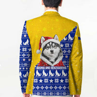Bosnia and Herzegovina Christmas Blazer with Husky Dog Santa Hat and Blue Yellow Snowflake Pattern - Wonder Print Shop