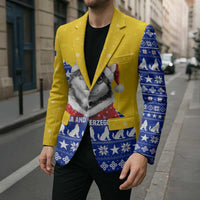 Bosnia and Herzegovina Christmas Blazer with Husky Dog Santa Hat and Blue Yellow Snowflake Pattern - Wonder Print Shop
