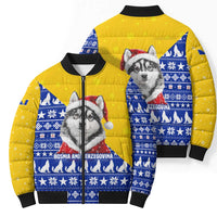 Bosnia and Herzegovina Christmas Bomber Puffer Jacket with Husky Dog Santa Hat and Blue Yellow Snowflake Pattern - Wonder Print Shop