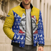 Bosnia and Herzegovina Christmas Bomber Puffer Jacket with Husky Dog Santa Hat and Blue Yellow Snowflake Pattern - Wonder Print Shop