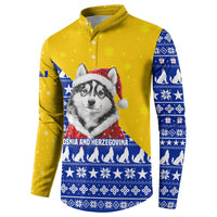 Bosnia and Herzegovina Christmas Button Sweatshirt with Husky Dog Santa Hat and Blue Yellow Snowflake Pattern - Wonder Print Shop