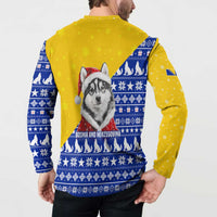 Bosnia and Herzegovina Christmas Button Sweatshirt with Husky Dog Santa Hat and Blue Yellow Snowflake Pattern - Wonder Print Shop