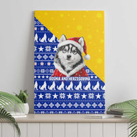 Bosnia and Herzegovina Christmas Canvas Wall Art with Husky Dog Santa Hat and Blue Yellow Snowflake Pattern - Wonder Print Shop