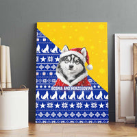 Bosnia and Herzegovina Christmas Canvas Wall Art with Husky Dog Santa Hat and Blue Yellow Snowflake Pattern - Wonder Print Shop