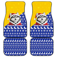 Bosnia and Herzegovina Christmas Car Mats with Husky Dog Santa Hat and Blue Yellow Snowflake Pattern - Wonder Print Shop