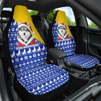 Bosnia and Herzegovina Christmas Car Seat Cover with Husky Dog Santa Hat and Blue Yellow Snowflake Pattern - Wonder Print Shop