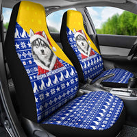 Bosnia and Herzegovina Christmas Car Seat Cover with Husky Dog Santa Hat and Blue Yellow Snowflake Pattern - Wonder Print Shop