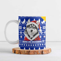Bosnia and Herzegovina Christmas Ceramic Mug with Husky Dog Santa Hat and Blue Yellow Snowflake Pattern - Wonder Print Shop