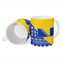 Bosnia and Herzegovina Christmas Ceramic Mug with Husky Dog Santa Hat and Blue Yellow Snowflake Pattern - Wonder Print Shop