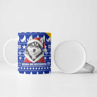 Bosnia and Herzegovina Christmas Ceramic Mug with Husky Dog Santa Hat and Blue Yellow Snowflake Pattern - Wonder Print Shop