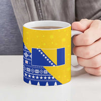 Bosnia and Herzegovina Christmas Ceramic Mug with Husky Dog Santa Hat and Blue Yellow Snowflake Pattern - Wonder Print Shop
