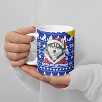 Bosnia and Herzegovina Christmas Ceramic Mug with Husky Dog Santa Hat and Blue Yellow Snowflake Pattern - Wonder Print Shop
