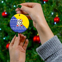 Bosnia and Herzegovina Christmas Ceramic Ornament with Husky Dog Santa Hat and Blue Yellow Snowflake Pattern - Wonder Print Shop