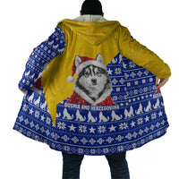 Bosnia and Herzegovina Christmas Cloak with Husky Dog Santa Hat and Blue Yellow Snowflake Pattern - Wonder Print Shop