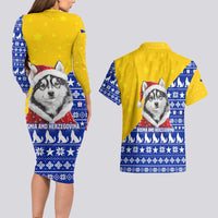 Bosnia and Herzegovina Christmas Couples Matching Long Sleeve Bodycon Dress and Hawaiian Shirt with Husky Dog Santa Hat and Blue Yellow Snowflake Pattern - Wonder Print Shop