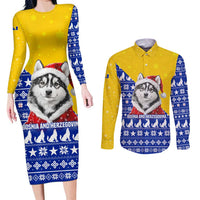 Bosnia and Herzegovina Christmas Couples Matching Long Sleeve Bodycon Dress and Long Sleeve Button Shirt with Husky Dog Santa Hat and Blue Yellow Snowflake Pattern - Wonder Print Shop