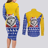 Bosnia and Herzegovina Christmas Couples Matching Long Sleeve Bodycon Dress and Long Sleeve Button Shirt with Husky Dog Santa Hat and Blue Yellow Snowflake Pattern - Wonder Print Shop