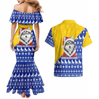 Bosnia and Herzegovina Christmas Couples Matching Mermaid Dress and Hawaiian Shirt with Husky Dog Santa Hat and Blue Yellow Snowflake Pattern - Wonder Print Shop