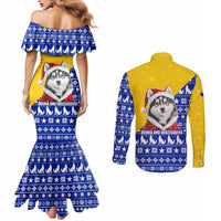 Bosnia and Herzegovina Christmas Couples Matching Mermaid Dress and Long Sleeve Button Shirt with Husky Dog Santa Hat and Blue Yellow Snowflake Pattern - Wonder Print Shop