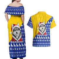 Bosnia and Herzegovina Christmas Couples Matching Off Shoulder Maxi Dress and Hawaiian Shirt with Husky Dog Santa Hat and Blue Yellow Snowflake Pattern - Wonder Print Shop